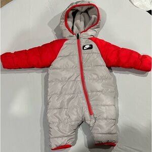 Nike Baby Full Zip Hooded Puffer Snowsuit Fleece Lined Gray Red 3M [G-51]